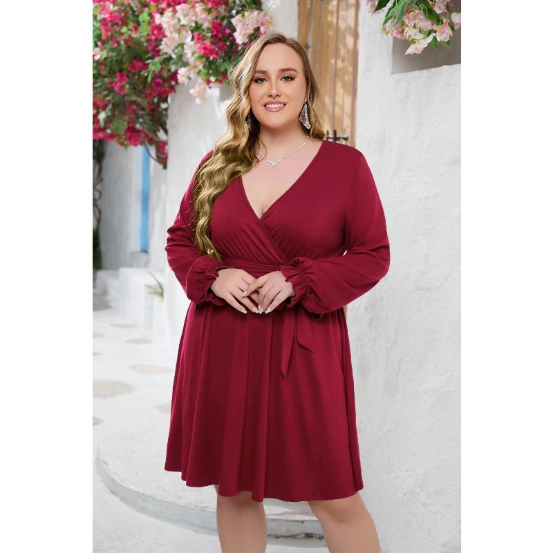 Spring and Autumn Women's Dress Plus Size Fashion Temperament Solid Color V-Neck Dresses