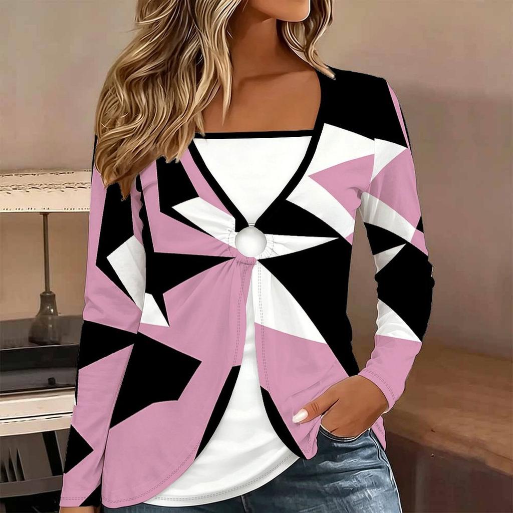 Tops for Women Geometric Pattern Print Long Sleeve Fake Two‑Piece Top Fall Casual Slim Pullover Women's Long Sleeve Top