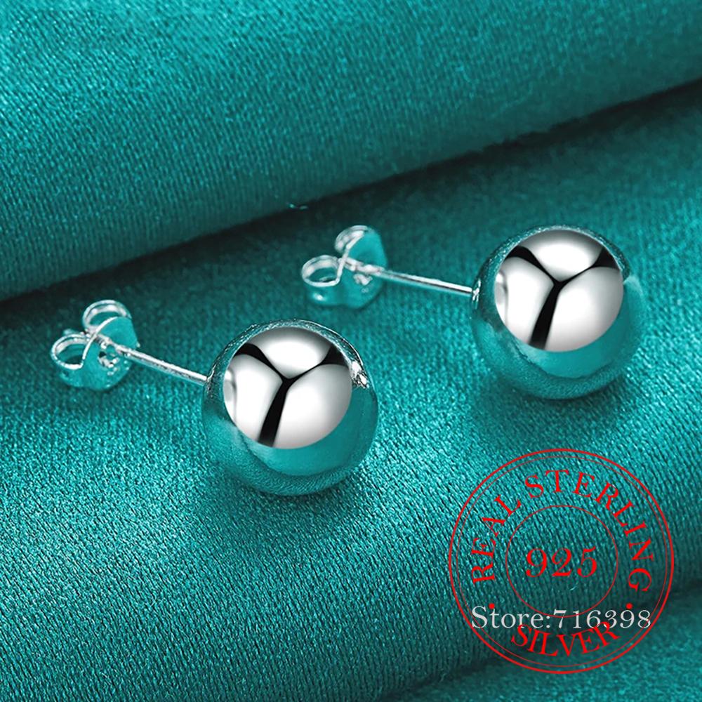 925 Sterling Silver 8mm/10mm Round Smooth Solid Bead Ball Stud Earrings For Women Girls Wedding Engagement Party Jewelry Gift