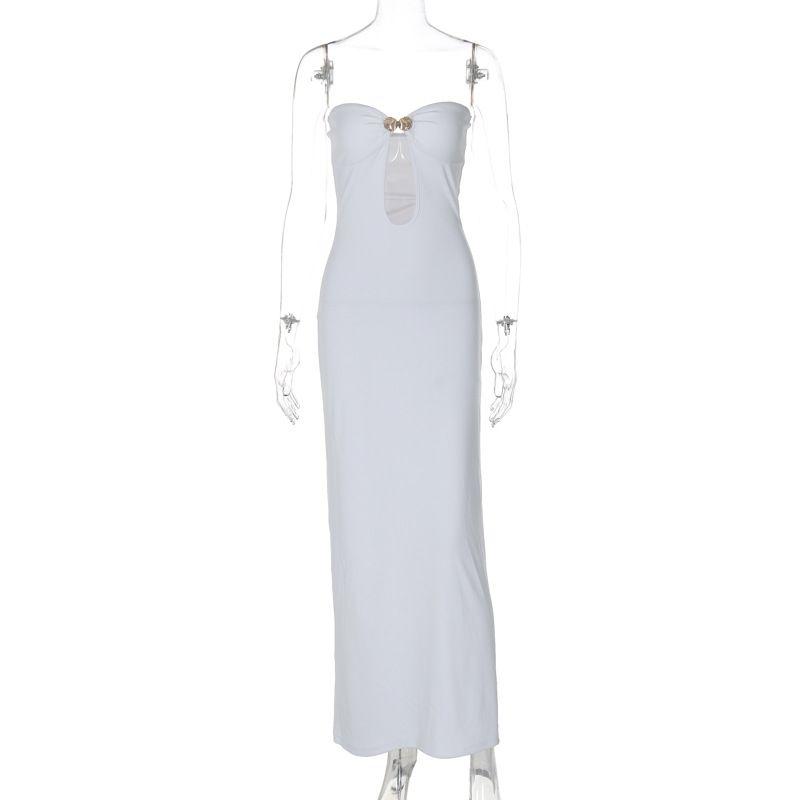 

Sexy Dress American Style New Arrival Sexy Patchwork Hooks Cut Out Long Pure Color Adult Lady like Woman Style Chest-Wrapped Dress Female White XS