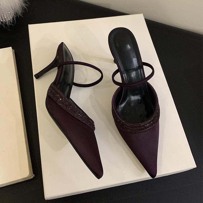 Women s Satin Pointed Toe Ankle Strap Rhinestone Summer Heels - Fashionable Footwear 35