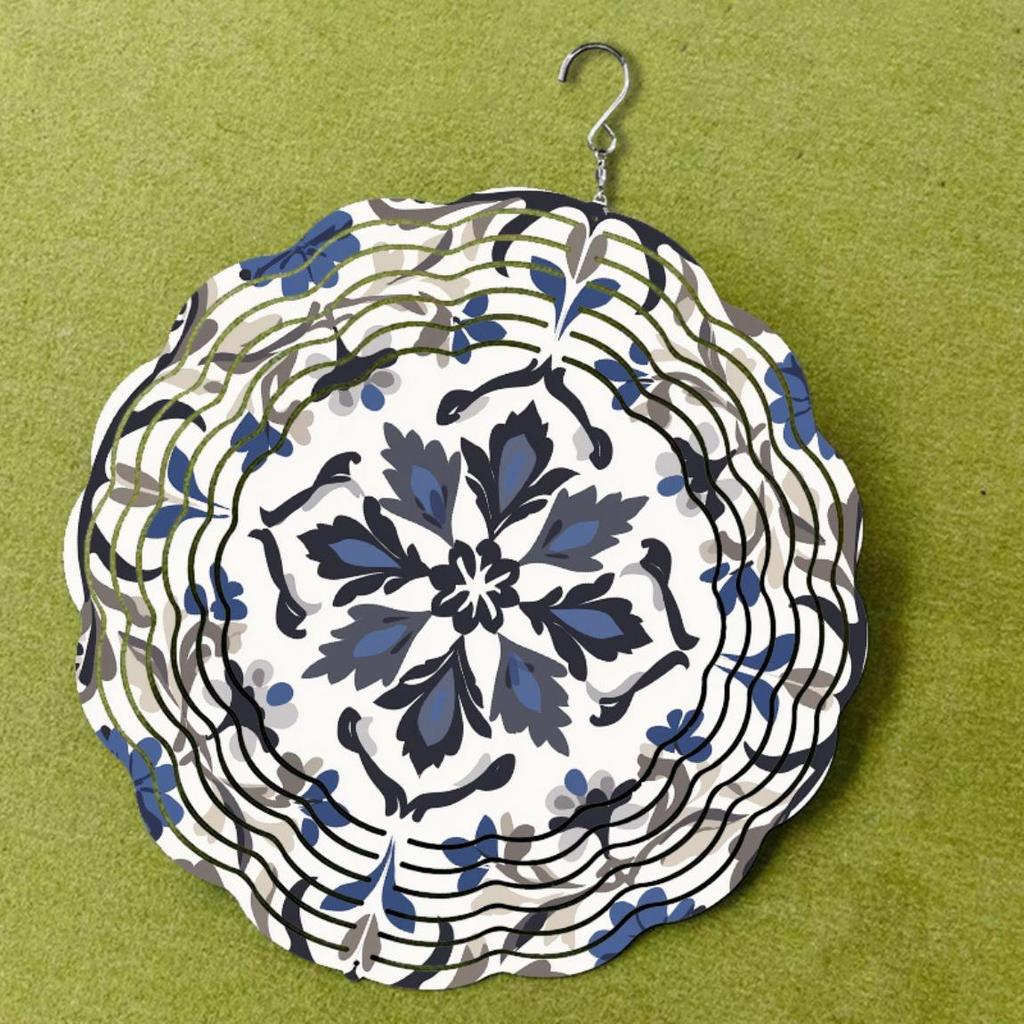 Blue White Porcelain Metal Wind Chime with Intricate Floral Design for Garden Lawn Indoor Outdoor Decor All Seasons Hanging Ornament