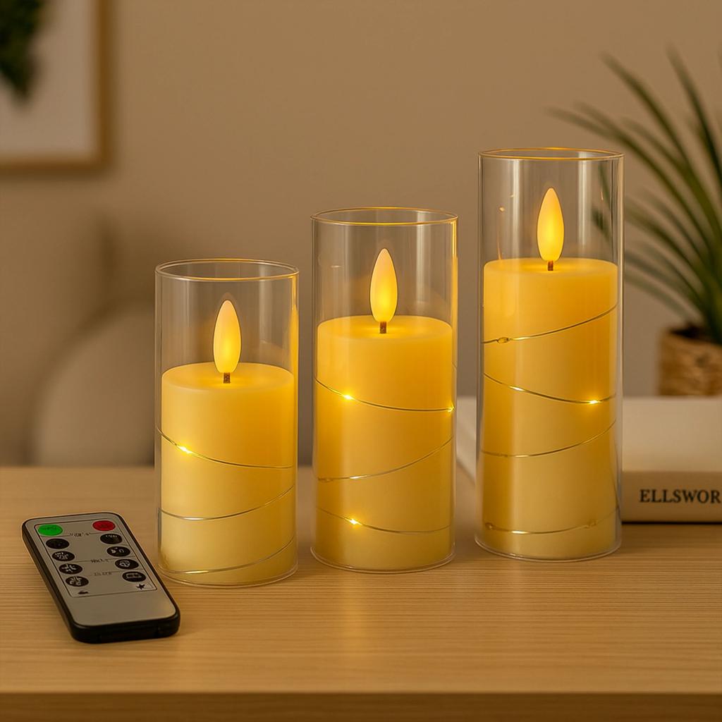 LED Pillar Candle with String Lights and Remote Control - 3 Sizes