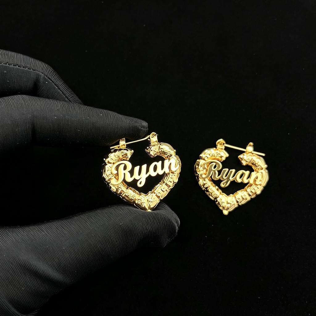 Personalized 18k Gold Plated Name Bamboo Hoop Earrings Stainless Steel 30mm 50mm 70mm 90mm Custom Heart Hoops Party DIY Gift