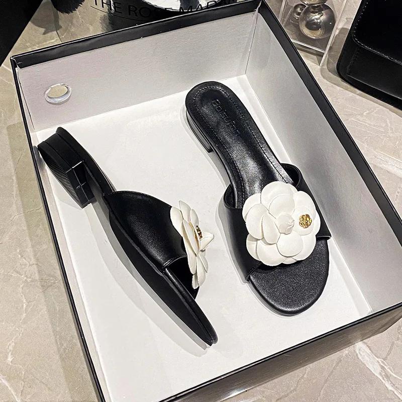 Women Shoes Summer Fashion Flowers Leather Slipper Ladies Elegant Casual Sandals Girl Heels Slides