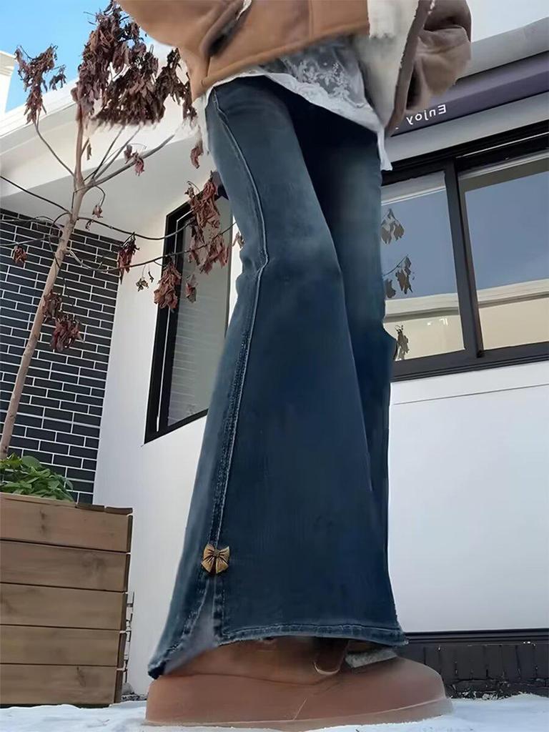 Retro Blue High Waist Stretch Flare Jeans for Women - Plus Size, Slimming, Hip-Covering, Autumn Fashion.