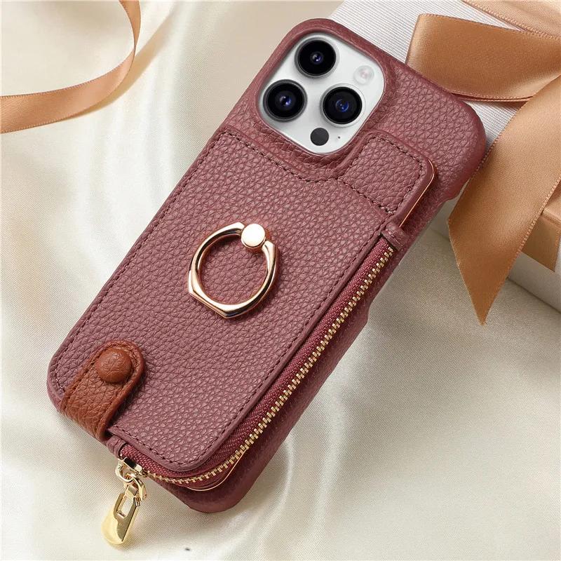 

Leather Zipper Wallet with Card Holder Phone Case for IPhone 17 Air 16E 16 15 14 13 12 11 Pro Max XS Plus Ring Kickstand Cover For iPhone 16 фіолетовий