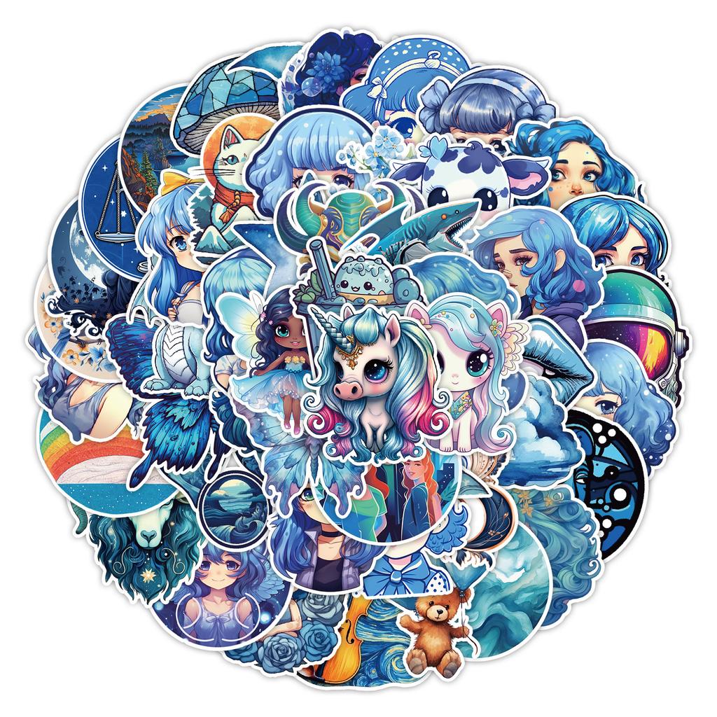 50 Blue Girl Graffiti Stickers Car Mobile Phone Water Cup Decoration Stickers Waterproof Creative Notebook Hand Note Stickers