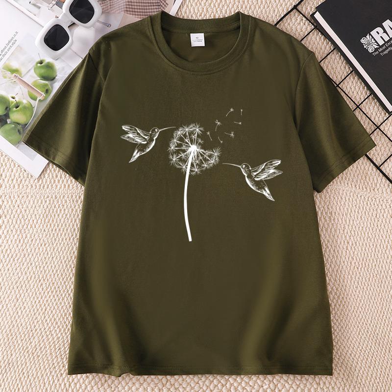 Cute Dandelion Hummingbird TShirt Unisex Ladies Nature Lovers Tee Casual Cotton Short Sleeve Animal Lover Tshirts Clothes