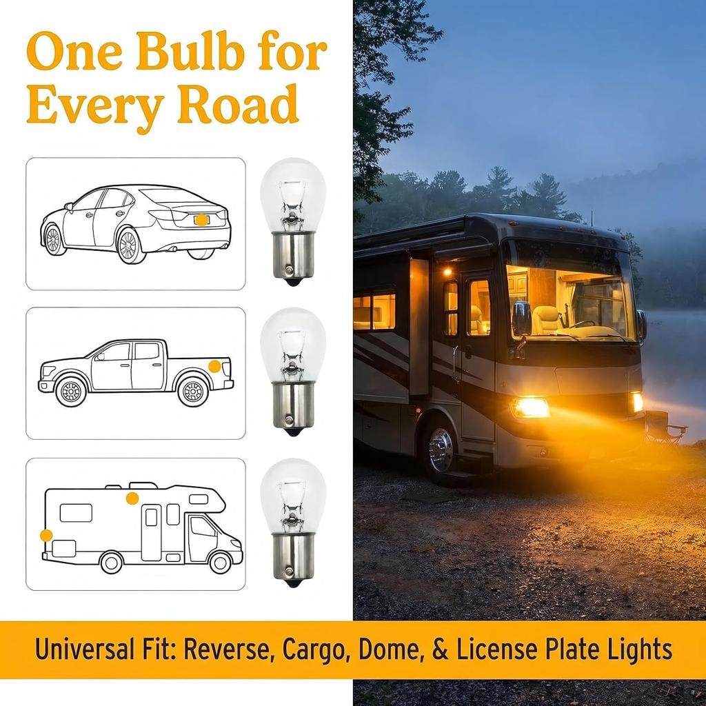 1141 Automotive Light Bulb 12V BA15s Bayonet S8 Warm White 10-Pack | RV Camper Trailer Boat Cabin Lights, Flicker-Free 2700K Warm White, BA15s