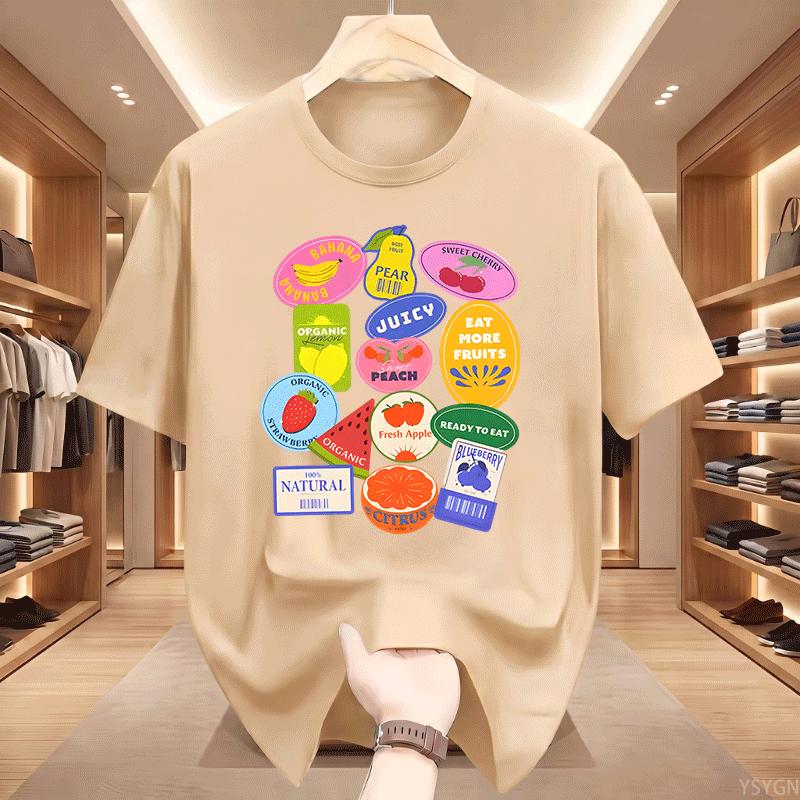 Summer Unisexs Fruit Stickers Graphic Print Tshirt Streetwear Oversized Loose Casual Short Sleeve Suitable For All Seasons Tops