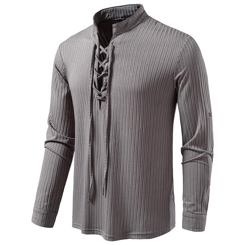 Men's Lace-Up Stand Collar Striped Shirt Long Sleeve Casual Top for Men Spring Autumn Fashion Multi-Color Textured Male Blouse