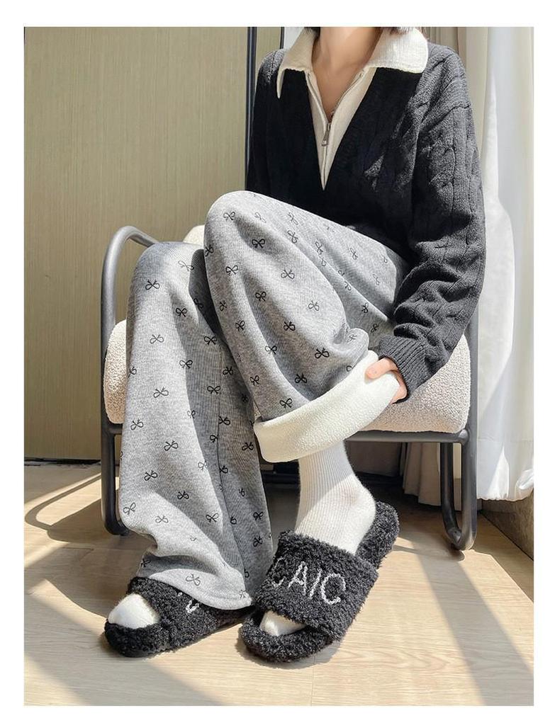 Bowknot High Waist Fleece-Lined Wide Leg Pants for Women, Spring 2025 Collection