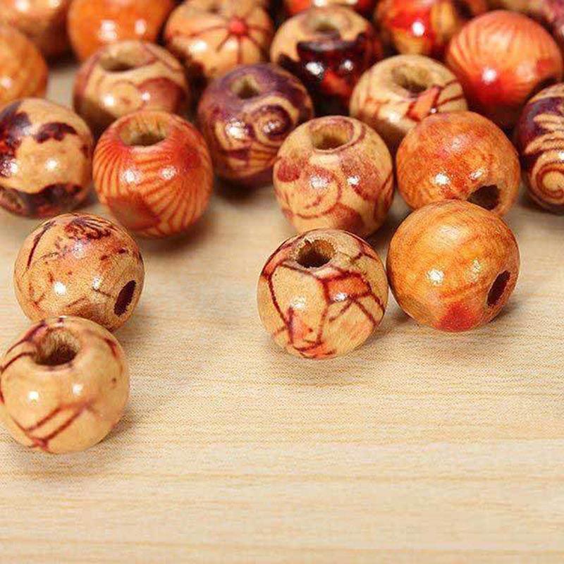 200Pcs Painted Wooden Beads Spacer Round Big Hole Beads for Jewelry Making Fit Charm Bracelet DIY Findings 9x10mm