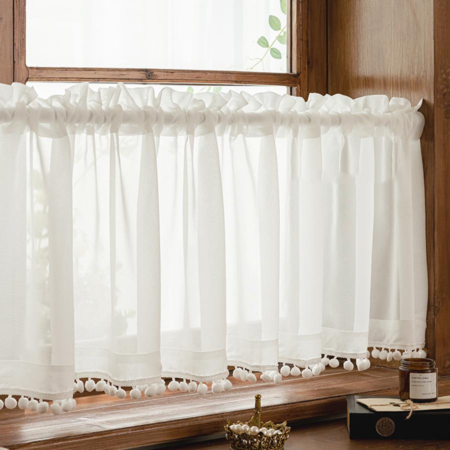 Moderne Witte Veelzijdige Gaasgordijnen, Onderkant met Pompom Kant Korte Gordijnen Voor Keuken Kleine Deur Scheidingswand Kast Decoratie W140CM X H60CM&Rod Pocket Process wit