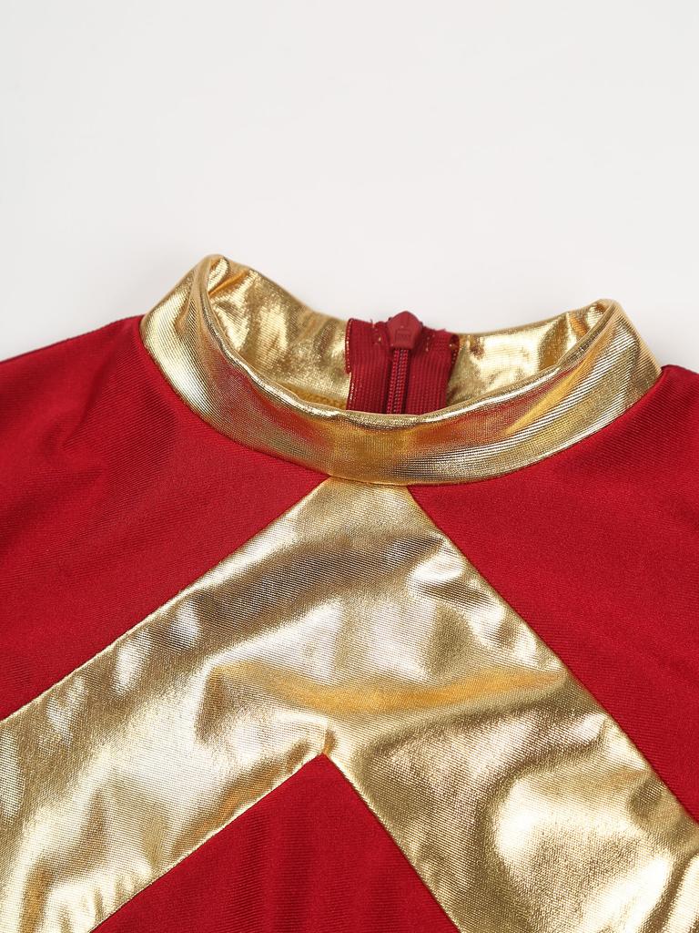 Girls Liturgical Praise Dance Dress Metallic Contrast Color Patchwork Sleeveless Asymmetrical Hem for Church Worship Performance