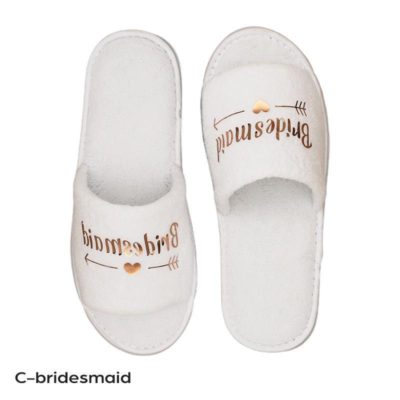 Fashion Bridal Party Slippers Set, Coral velvet Close-toe With Golden Letter Lightweight Plush Cozy Flats, Non-slip Soft Sole For Bride