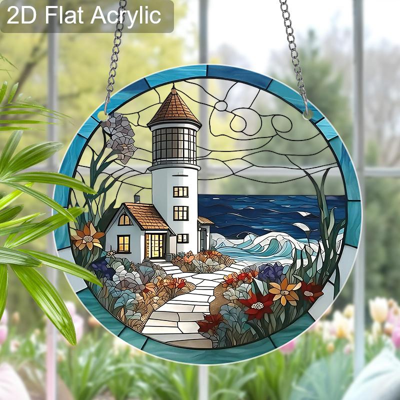 Acrylic Coastal Lighthouse with Ocean and Flowers Suncatcher, Stained Glass Effect Window Hanging Ornament for Nautical & Beach Lover Gifts