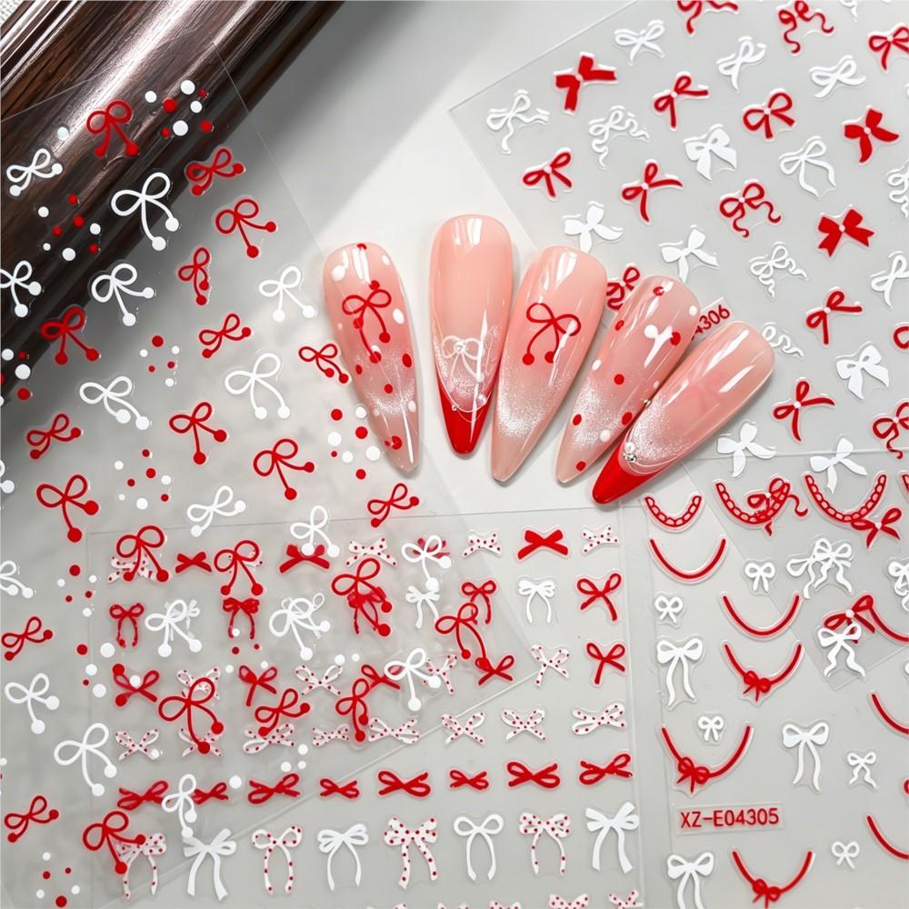 6pcs 3D Red White Bow Ribbon Nail Stickers Cute Polka Bowknot Dot French Lines Nail Decals 8*10cm Self-adhesive Bow Nail Decora