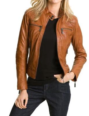 Original Leather Fashionable Women's Brown Lambskin Handmade Jacket Motorcycle