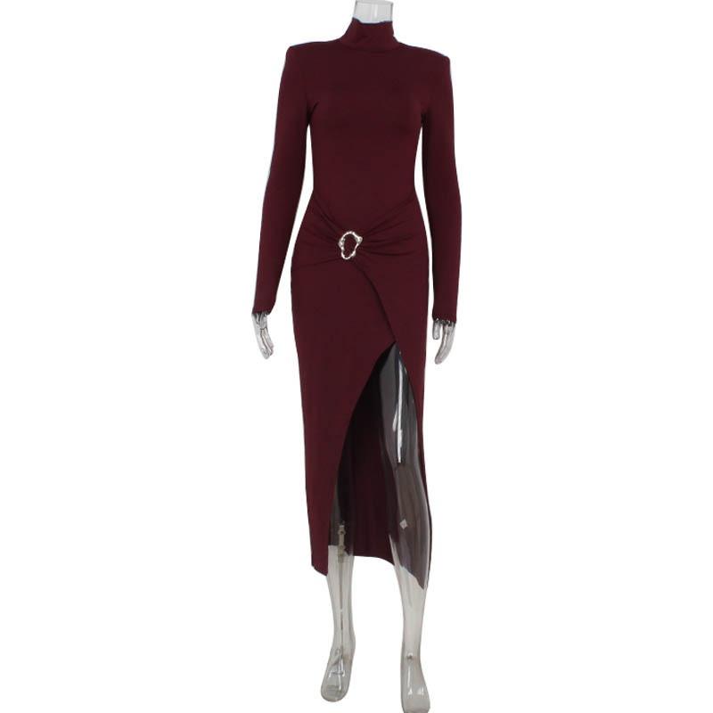 Herbst/Winter Damenmode Einfarbig Hochgeschlossenes Plissee-Design Kleid