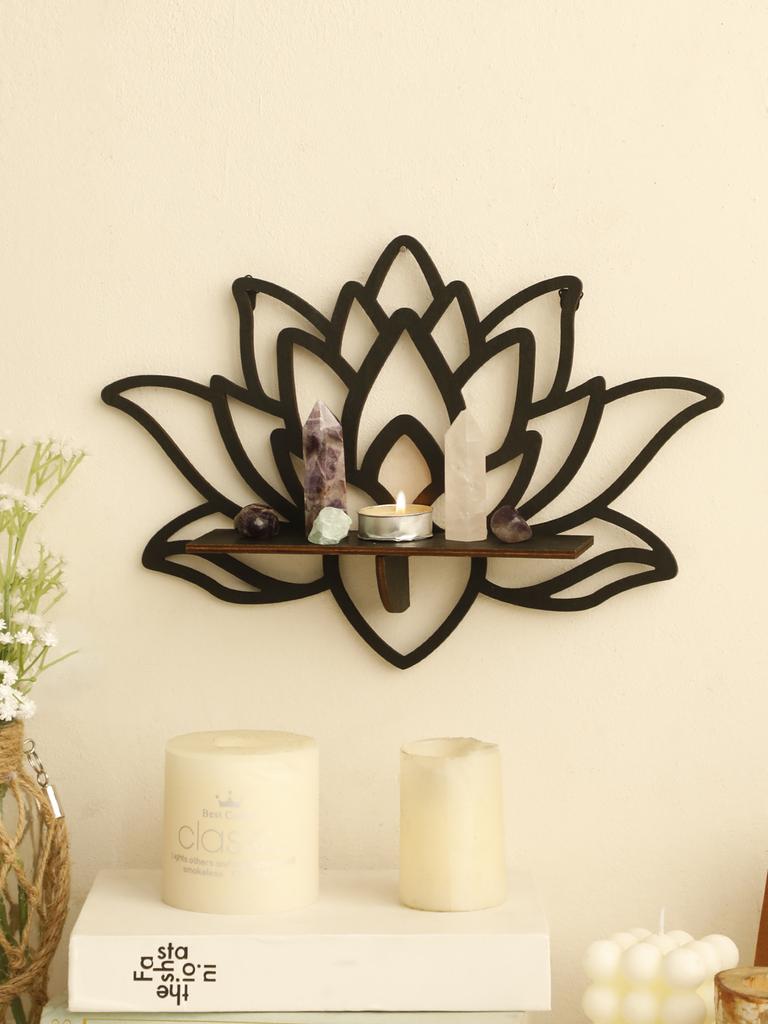 Lotus Crystal Corner Shelf Crystal Shelf Display Black Wooden Wall Shelves Essential Oil Shelf Witchy Decor Aesthetic Spiritual