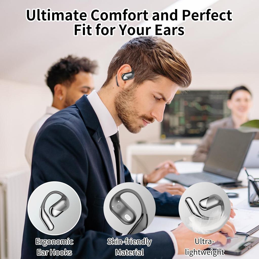 Open Ear Bluetooth 5.4 Headphones, Wireless Earbuds Sport Over Earphones with Ear Hooks 50H Playtime Ear Buds LED Display Charging Case, Waterproof