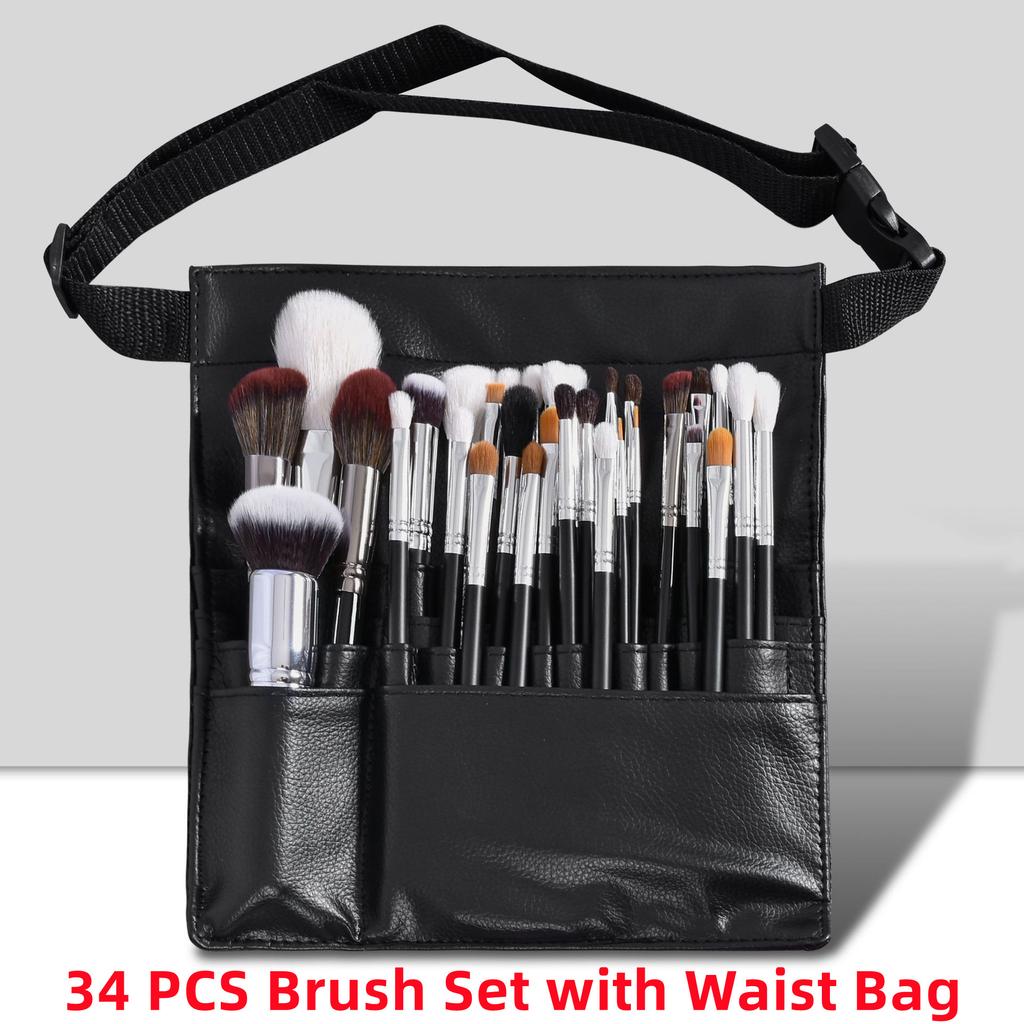 Private Label 34 Pcs Black Make up Brush Set Vegan High Quality Professional Natural Hair Goat Hair Makeup Brush Set with case