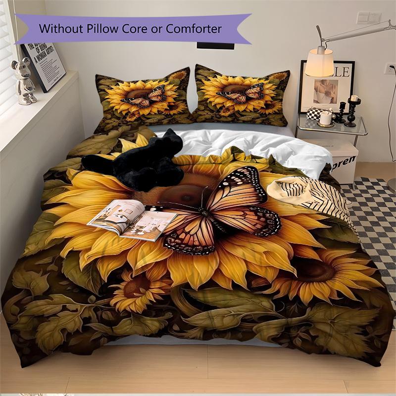 3pcs Sunflower & Butterfly Printed Quilt Set - Soft and Comfortable Quilt Cover for Bedroom, Guest Room L102