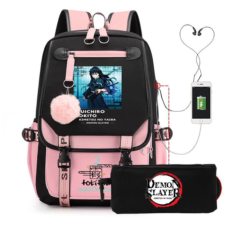 Casual Korean version schoolbag ghost extermination animation two-dimensional trend boys and girls USB backpack two-piece set