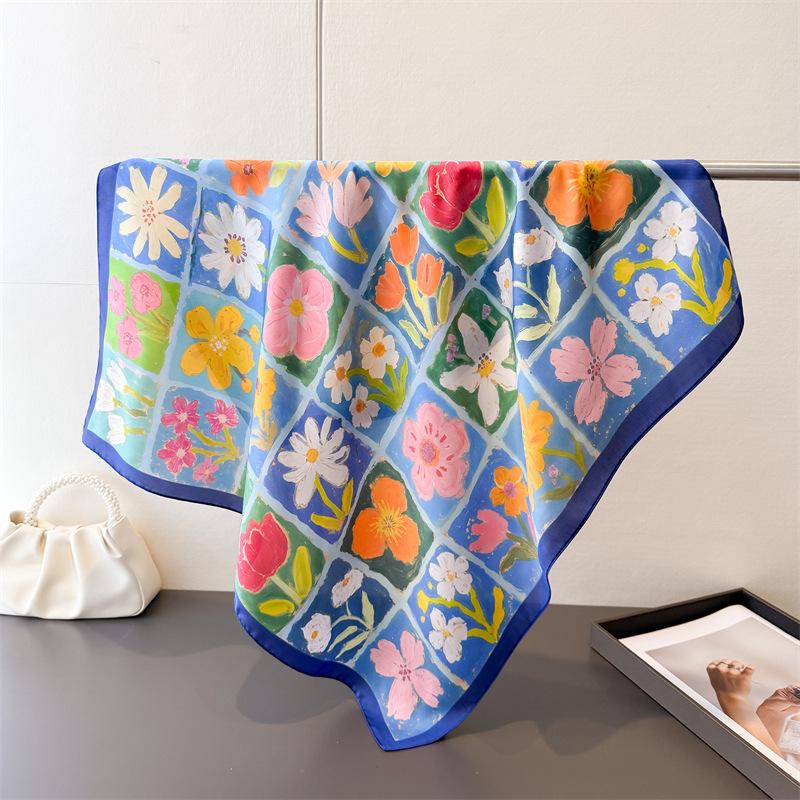 Fresh Oil Painting Style High-end Printed Silk Scarf Imitation Square Versatile Shawl Neck Small Headscarf