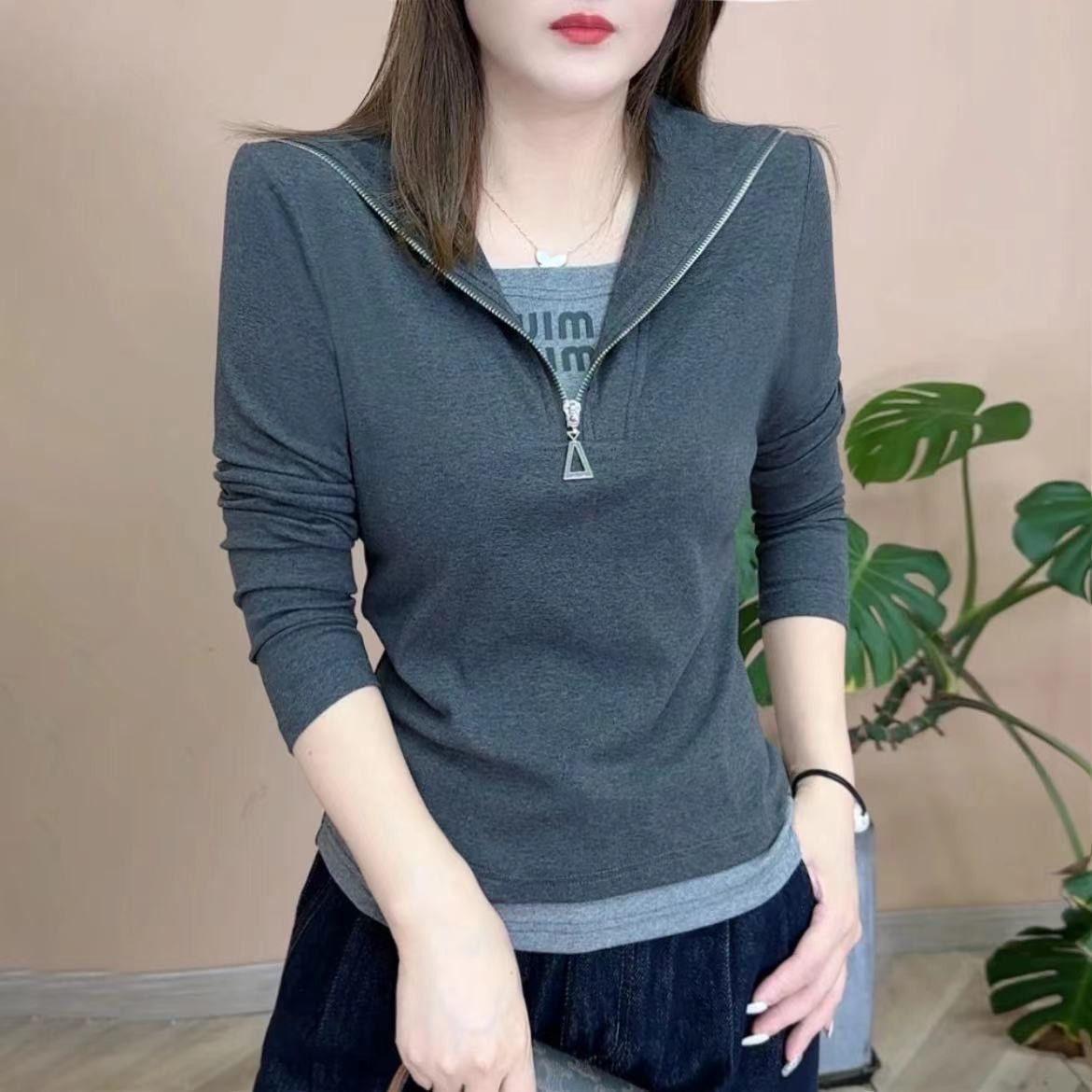 

2025 High-end Women s Slim-fit Fake Two-piece Zipper Letter Collar Long Sleeve Hoodie for Spring and Autumn XL серый