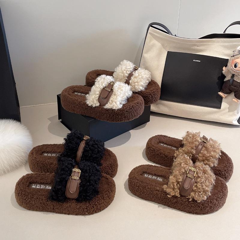 Retro belt buckle thick-bottomed fluffy slippers women's new comfortable and lightweight indoor home one-word cotton slippers