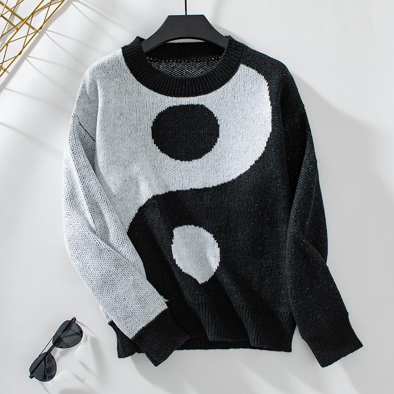 

Женский осенне-зимний свитер для внешней торговли, трансграничный, свободный, в стиле ретро, пуловер с контрастным узором XL чёрный