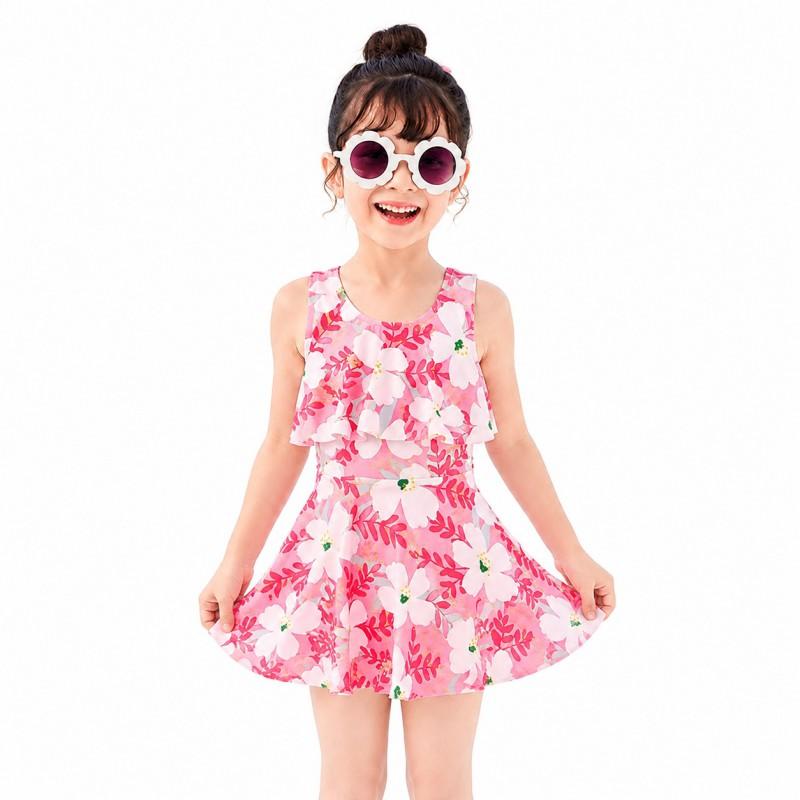 Girls One-Piece Swimsuit With Floral Print Sleeveless Ruffled Trim Tummy Control Design Swimming Water Play