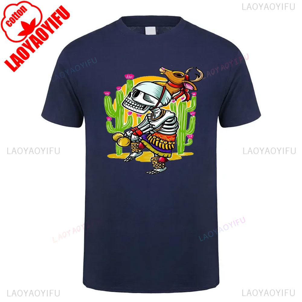 Mexican Skull Pattern Cotton Summer Tee Unisex Short Sleeve Round Neck Retro Style Graphic Shortsleeved Launched Casual Tshirt