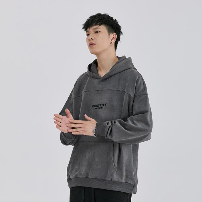 Mr. Cotton Men's Trendy Suede Plush Hooded Sweatshirt, Heavyweight 380g, Loose Fit, Long Sleeve, Printed Design.