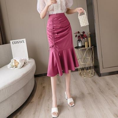 Dame Vår Sommer Høy Midje Slankende Stretch Havfruekant Skjørt med Ruffled Detaljer Midje Lang Bodycon Skjørt Trendy
