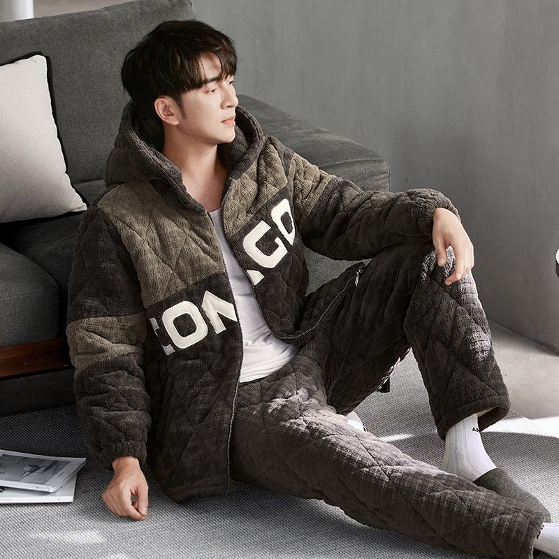 Coral Fleece Pajamas Men'S Winter Thickened Fleece Warm Men'S Autumn And Winter Three-Layer Cotton-Padded Loungewear