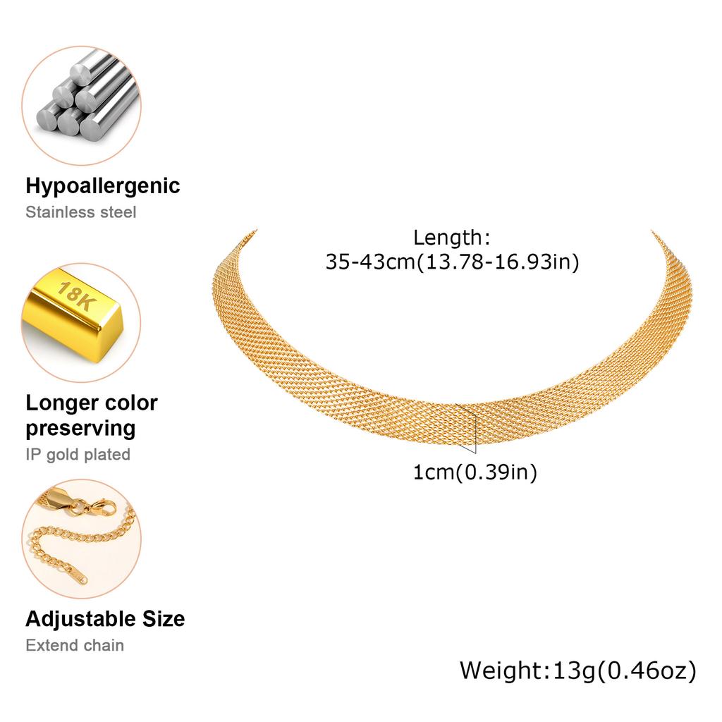 10mm Watch Strap Mesh Necklace for Women,Stainless Steel Gold Plated Fashion Necklaces,Trendy Waterproof Jewelry Gift