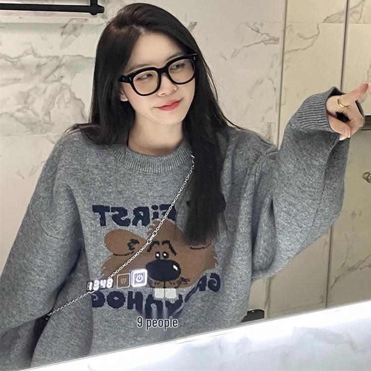 Women's Autumn 2025 Long Sleeve Bear Jacquard Sweater, Mid-Length Loose Knit Top