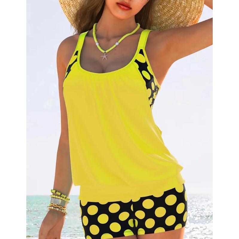 Women's Light Blue Polka Dot Tankini Set Racerback Two Piece Modest Swimsuit with Shorts