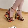 Fashion 16CM Wedges High Heels Sandals Women Open Toe Platform Butterfly Decoration Narrow Band Printed Ankle Buckle Strap Banquet Shoe