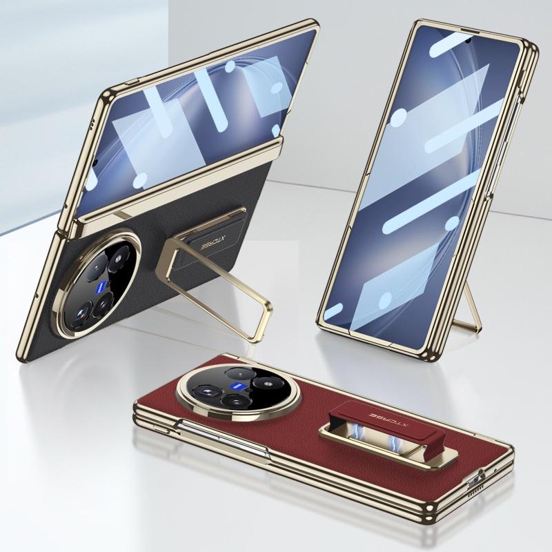 Vegan Leather Case For Vivo X Fold5 Fold 5 Magnetic Suction Hinge Axis Protection Screen Protector Metal Stand Finger Grip Cover