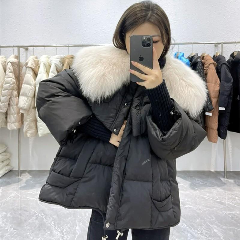 Womens Short Puffer Coat With Faux Fur Collar Loose Fit Thick Duck Down Winter Jacket Cold Weather