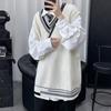 Pánský vesta svetr s výstřihem do V bez rukávů, volný, pletený svetr s barevným blokem, střední délka, zesílený svetr preppy a business styl
