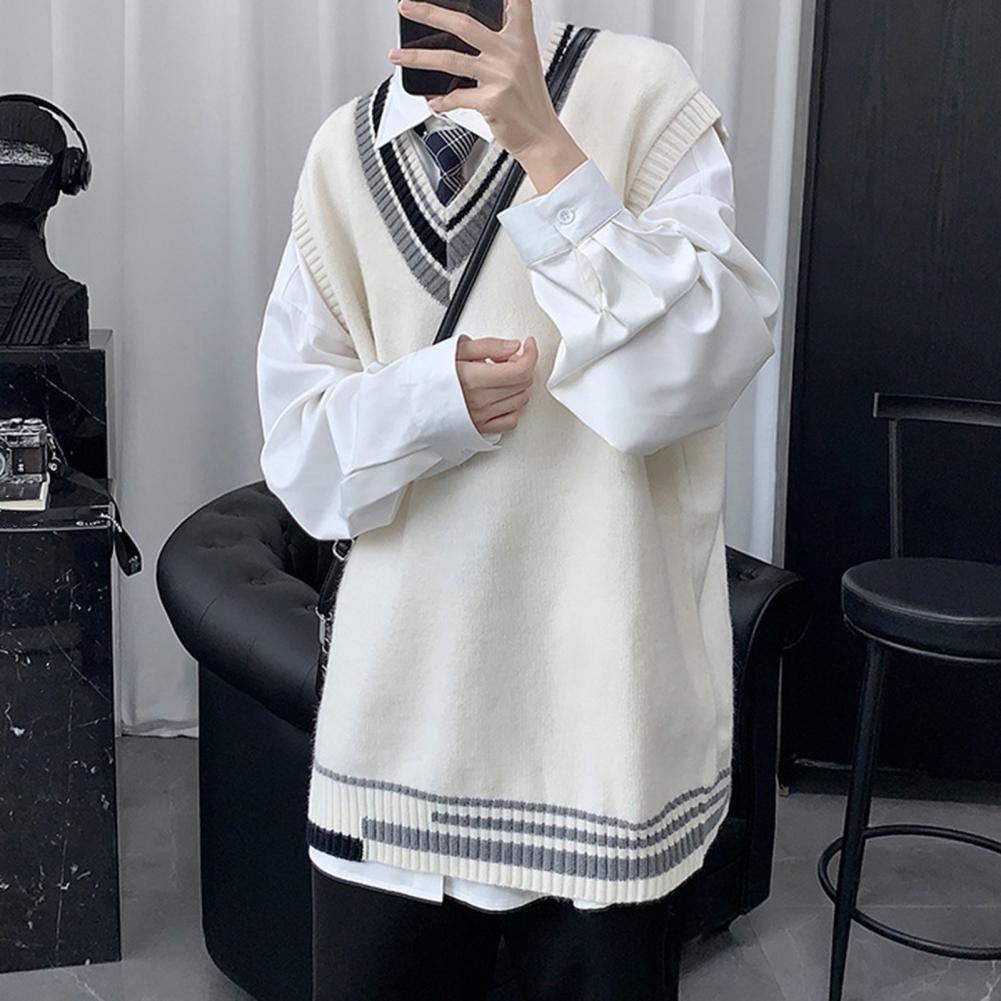 Pánský vesta svetr s výstřihem do V bez rukávů, volný, pletený svetr s barevným blokem, střední délka, zesílený svetr preppy a business styl