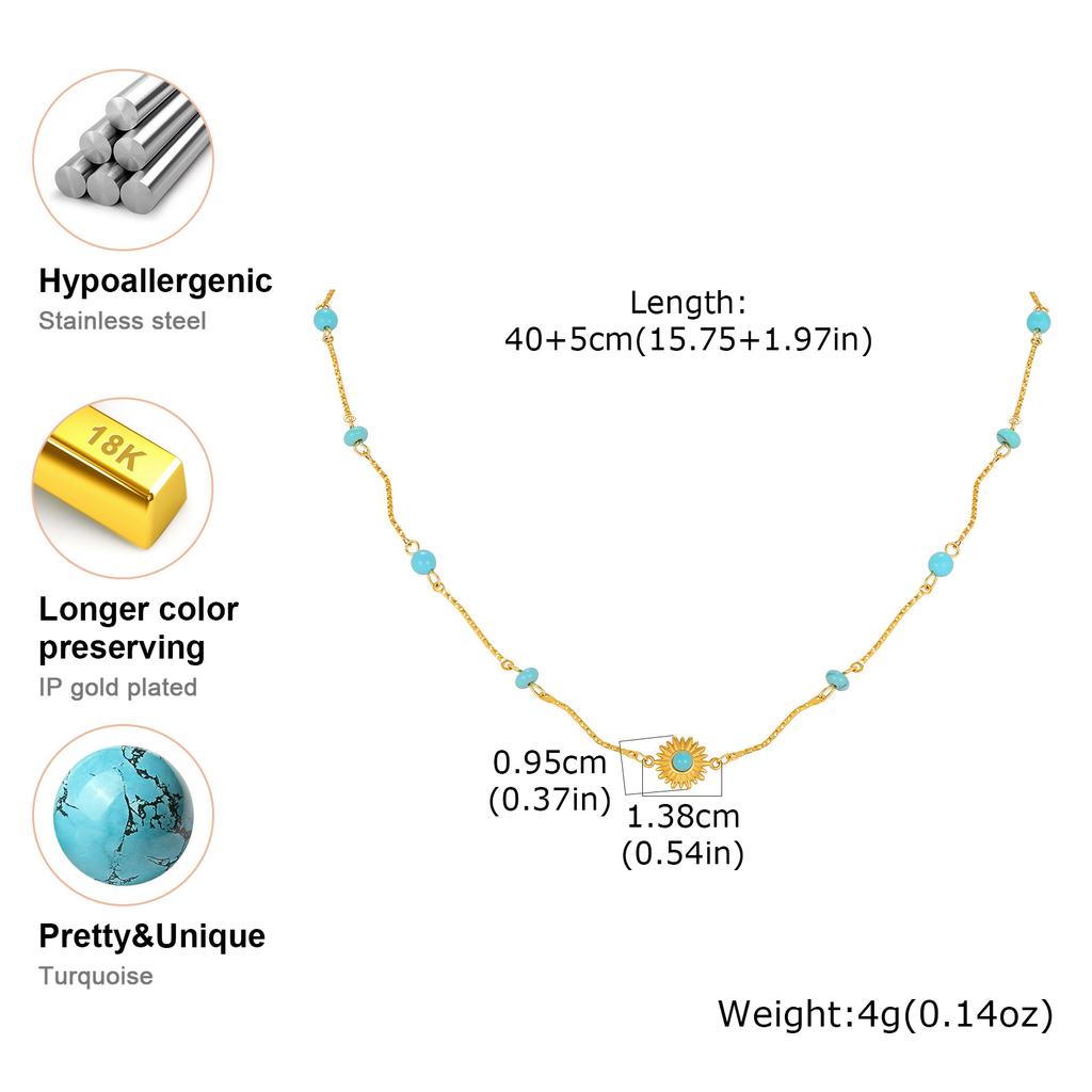 Stainless Steel Sun Pendant Necklace, Blue Natural Stone Beads Wave Chain Necklace for Women, Gold Plated Vintage Jewelry Gift