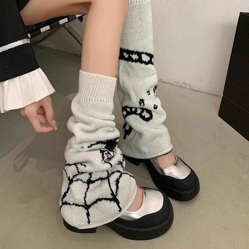 Harajuku Punk Spiderweb Knitted Leg Warmers Japanese Women Gothic Knee Length Long Socks Leggings Boot Cuffs Foot Covers