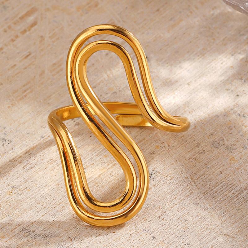 Stainless Steel Line Design Women's Rings 18K Gold Plated Gold S Shape Rings Waterproof Jewelry for Daily Wear